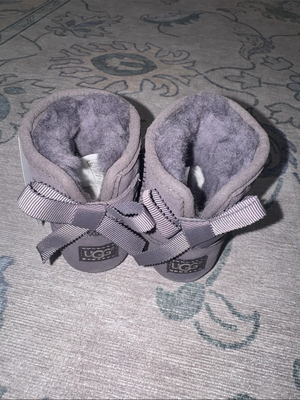 NWT UGG Baby Gray Shearling Bow Booties